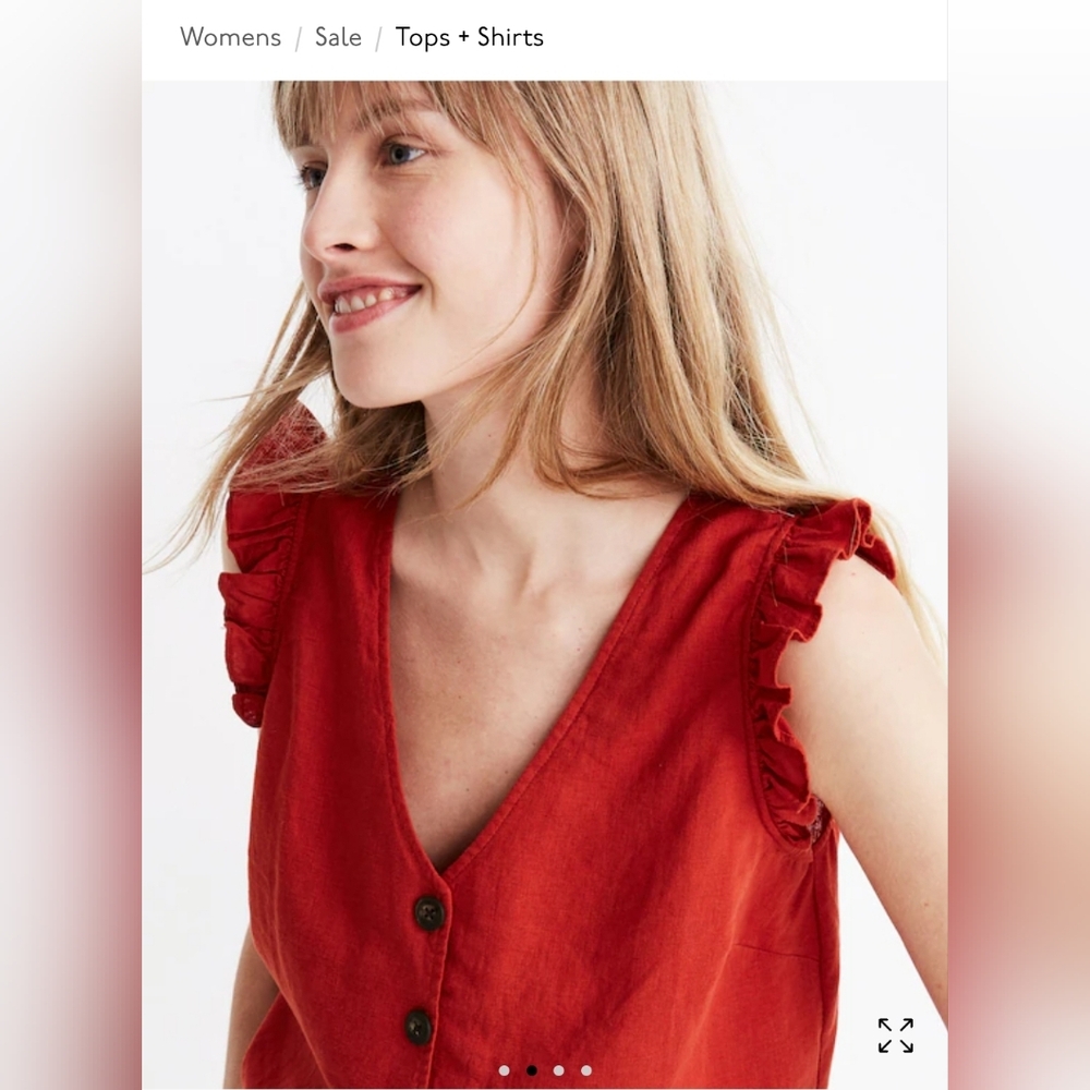 Madewell Red Ruffle Sleeveless V-Neck Linen Blouse - Picture 4 of 8